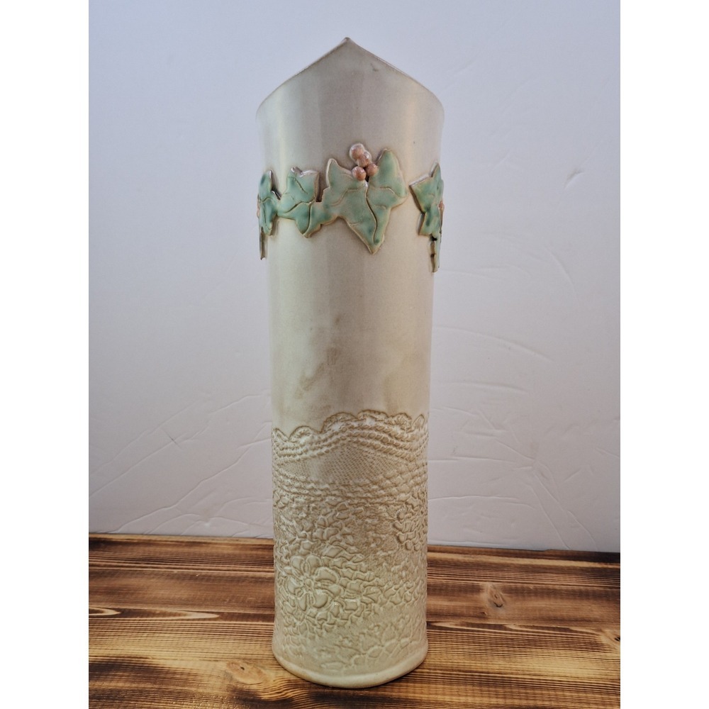 VTG Majolica Pottery Tulip Vase Grapes Grape Leaves 13" x 3.5" Signed Carli - Picture 4 of 10